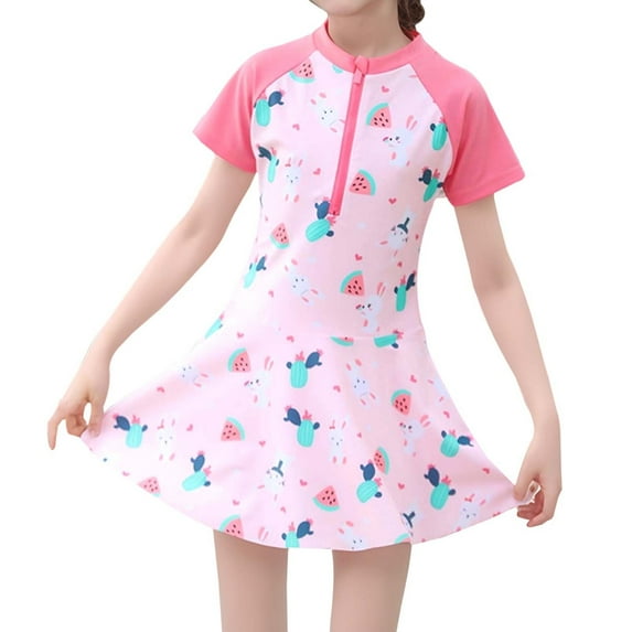 Toddler Girls Swimsuit Short Sleeve Swimdress One Piece Bathing Suits for Teens Beachwear Swimwear Pink XXL