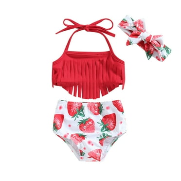 Toddler Girls Swimsuits 3 Pcs Tassel Tops Strawberry/Flower Print Shorts Headband Bathing Suit Swimwear Set