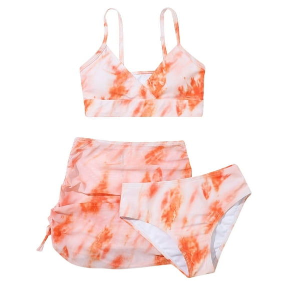 Toddler Girls Swimsuits 4t Tie Dye Bathing Suit with Pants Cute Bikini Set with Ruched Cover Up Skirt Set,Orange,160/XL