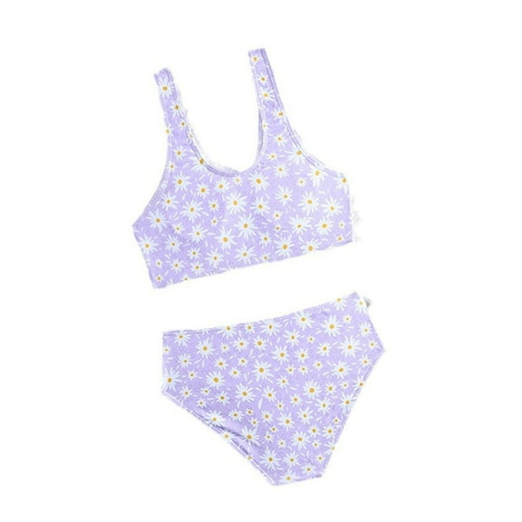 Toddler Girls Swimsuits Daisy Print Spaghetti Strap Bra With Briefs Two Piece Bikini Sets Swimwears Holiday Wear,Purple,9-10 Years