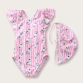 thumbnail image 1 of Toddler Girls Swimsuits One Piece Printed Bathing Suits Modest Swimwear with Hat Summer Beach Clothes Pink 1-2 Years, 1 of 5