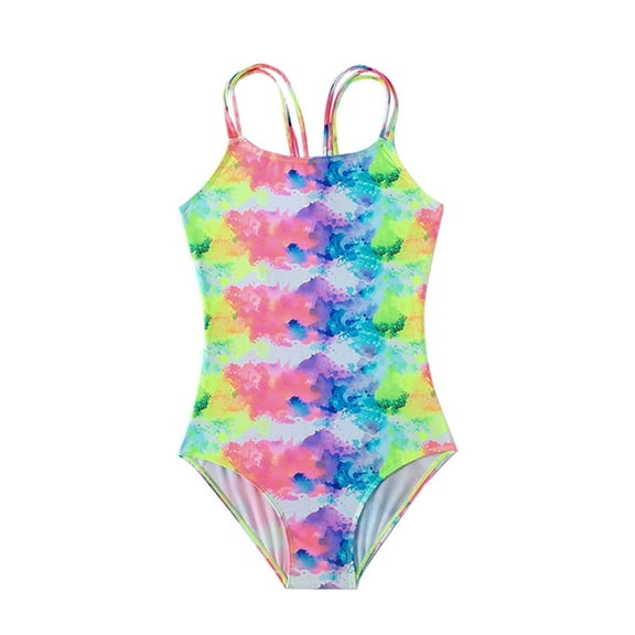 Toddler Girls Swimsuits One Piece Summer Tie Dye Style Rainbow Print Rash Guard Swimwear Little Girls Bathing Suits Size E