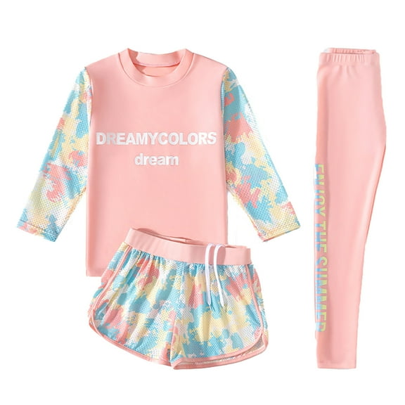 Toddler Girls Swimsuits Summer Beach Swim Shirt Trunks Pants Rash Guard Upf 50+ Print Short Sleeve Crew Neck 3 Piece Beachwear Set