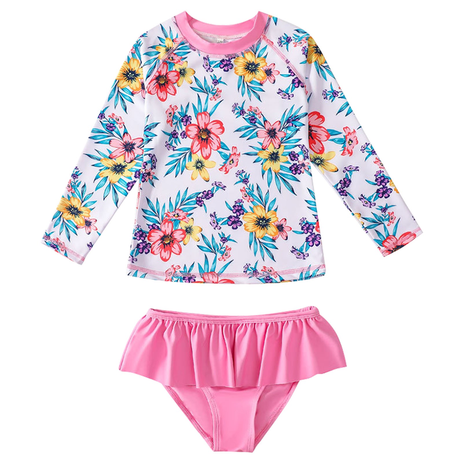 Toddler Girl's Summer Long Sleeved Swimwear Suit Rash Guard, 2-Piece Set, Size 100