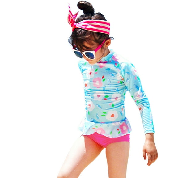 Toddler Girls Swimsuits Swimwear Long Sleeve Cartoon Floral Prints Top Beach 2PCS Swim Shirts and Rash Guards Size 2-3T