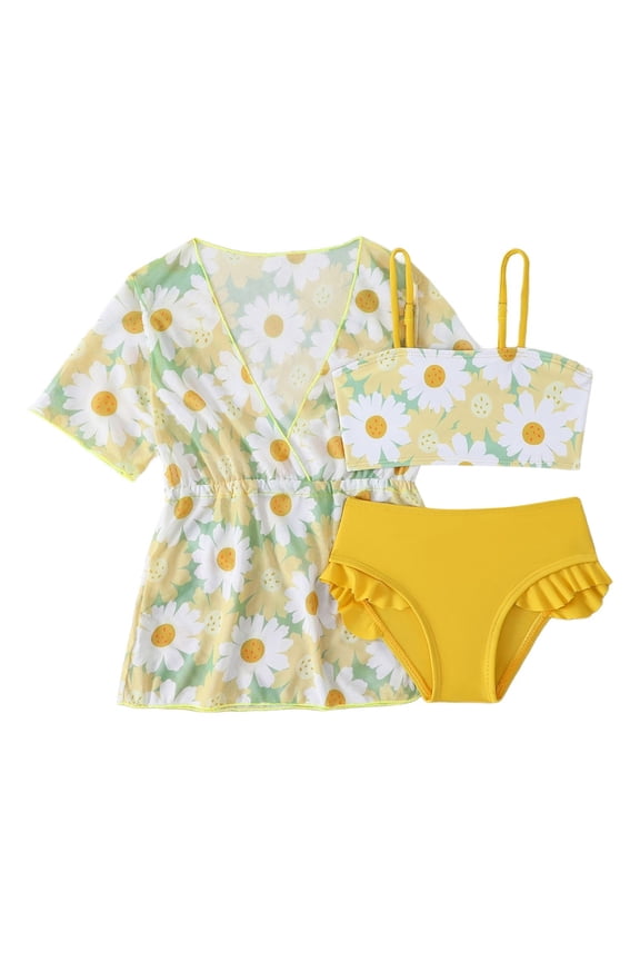 Toddler Girls Swimwear 3 Piece Set Floral Cover Up Cute Cartoon Print Bikini Swimsuit Beach Pool Summer Vacation Clothes for Kids Size 3-4T