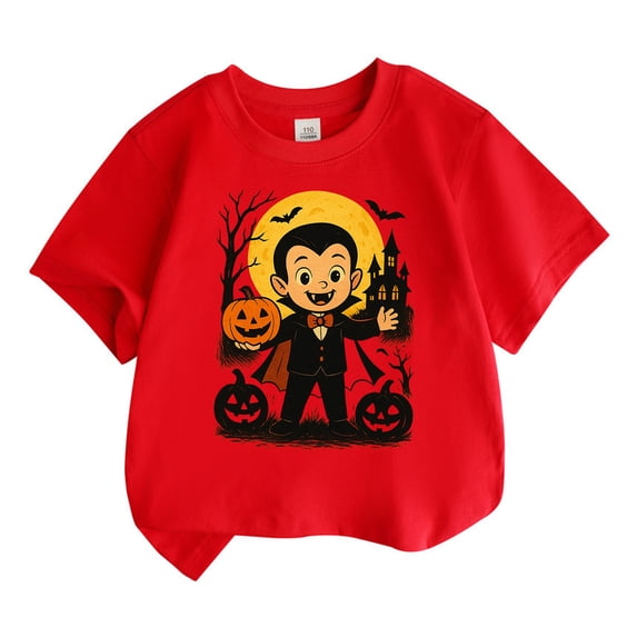 Toddler Girls T Shirt Halloween Pumpkin Vampire Print Short Sleeve Tee Casual Base Layer Shirt for Kid Size 4-5T