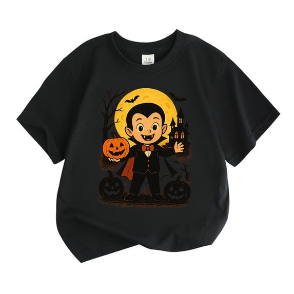 Toddler Girls T Shirt Halloween Pumpkin Vampire Print Short Sleeve Tee Casual Base Layer Shirt for Kid Size 4-5T
