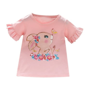 Toddler Girls T Shirts Cotton Ruffle Short Sleeve Cute Bunny Rabbit Graphic Tee Tops For 2 To 7 Years Comfort Outwear And Homewear Tee Shirts