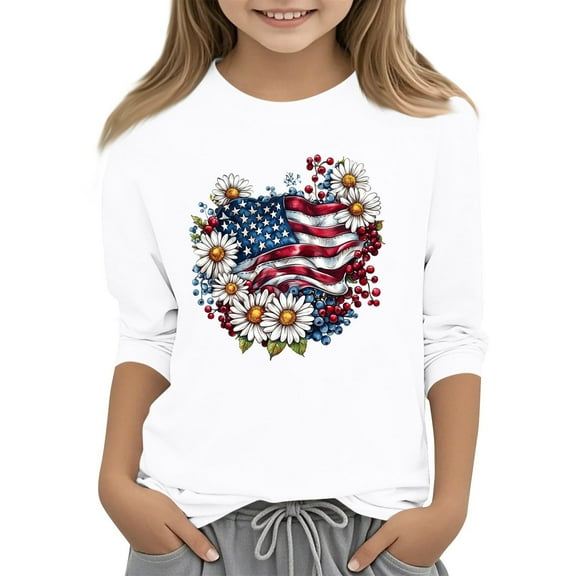 Toddler Girls T-Shirts Flower Print 3/4 Sleeve Round Neck T-Shirt Childrens Girls Everyday Wear Stylish Loose Athleisure T-Shirts，10 -11 Years