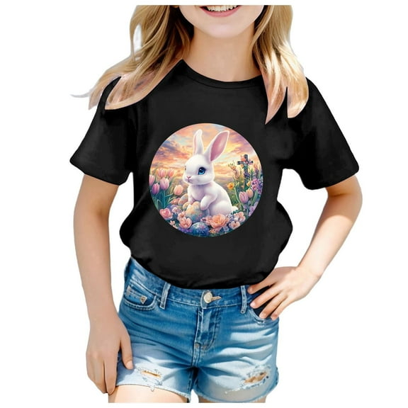Toddler Girls T-Shirts Short Sleeve Easter Outfit Easter Print Summer Crewneck Tops Basic Tees Girls T Shirts Size 3-4T