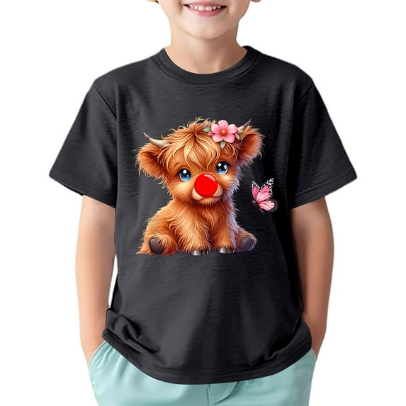 Toddler Girls T-Shirts Summer Cartoon Cow Printing Round Neck Short Sleeve Multicolor Tee Children Girls Comfort Style Athleisure Playtime And Outdoor T-Shirts，4 -5 Years