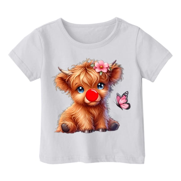 Toddler Girls T-Shirts Summer Cartoon Cow Printing Round Neck Short Sleeve Multicolor Tee Children Girls Comfort Style Athleisure Playtime And Outdoor T-Shirts，5 -6 Years