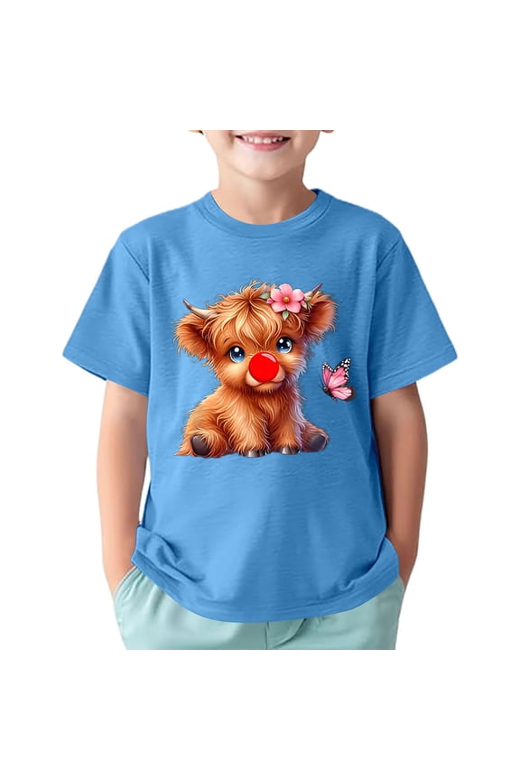 Toddler Girls T-Shirts Summer Cartoon Cow Printing Round Neck Short Sleeve Multicolor Tee Children Girls Comfort Style Athleisure Playtime And Outdoor T-Shirts，6 -7 Years