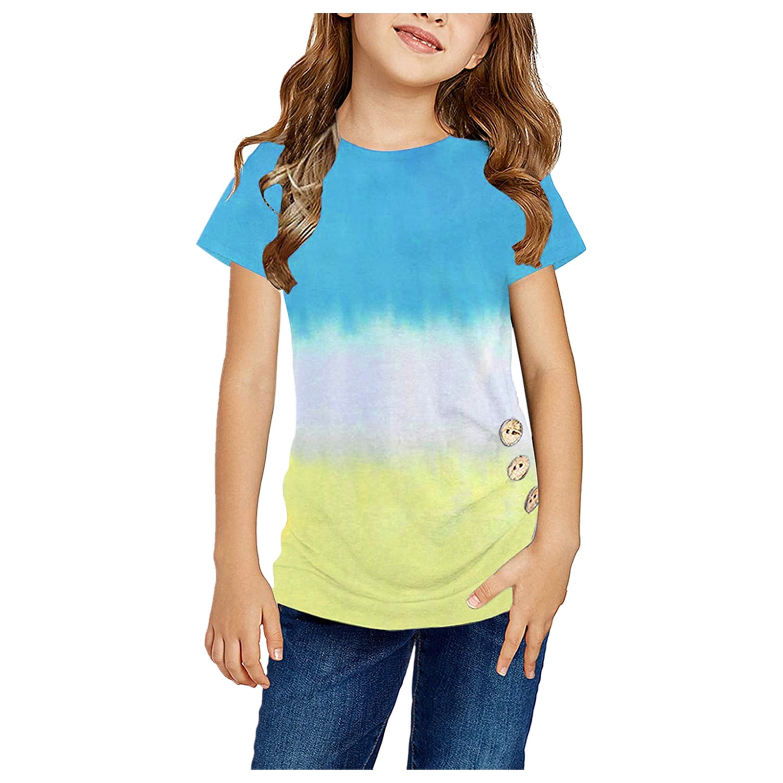 Toddler Girls T-Shirts & Tank Tops Ruffles Rainbow Print Tie-Dyed Short ...