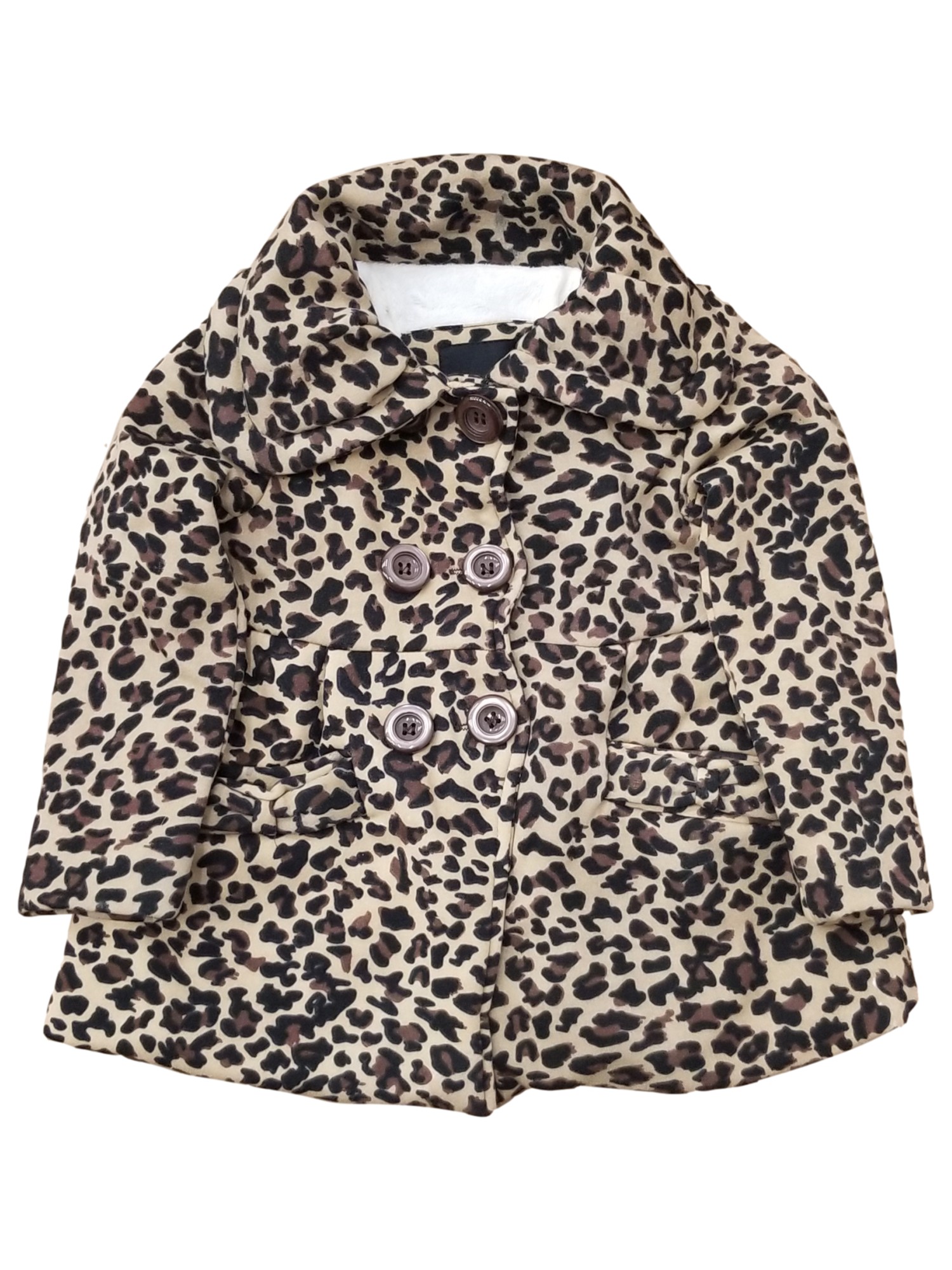 Toddler Girls Tan Leopard Print Button Up Pea Coat Jacket Faux Fur Lining 3T - image 1 of 2
