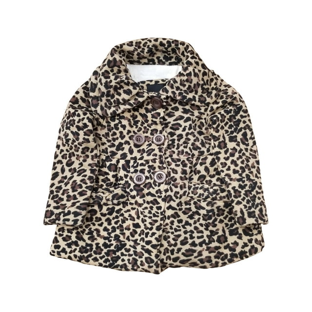 Toddler Girls Tan Leopard Print Button Up Pea Coat Jacket Faux Fur Lining 3T