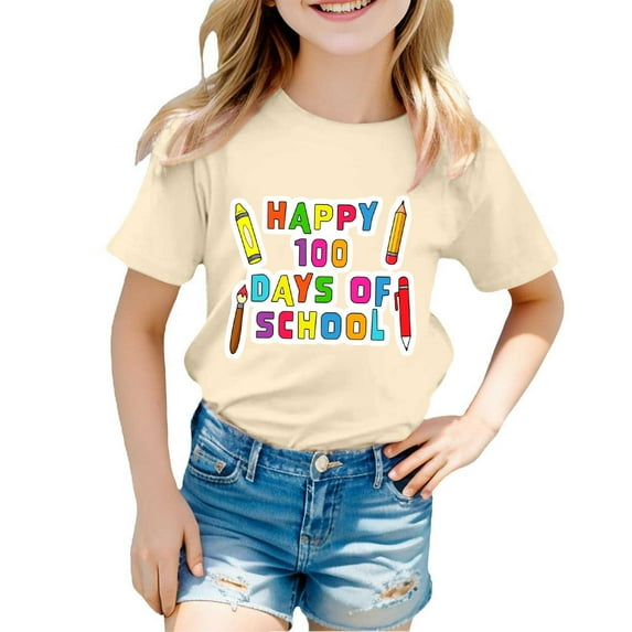 Toddler Girls Tank Tops Summer 100 Days Of School Breathable Cartoon Print T Shirt Happy 100Th Day Pullover Top Beige Athletic Performance Shirts 3-4T