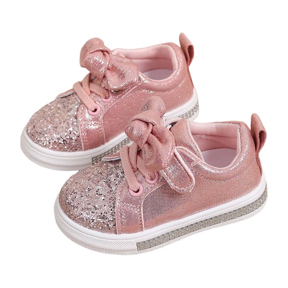 Toddler Girls Tennis Shoes Sparkly Sequin Hook and Loop Bowtie Princess Dress Shoes Casual Solid Color Flat Sneakers Pink 8 Toddler