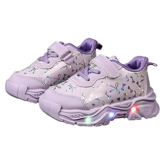 Toddler Girls Tennis Shoes Splice Leather Bowknot Print Light up Sneakers Trendy Thick Sole Lightweight Walking Shoes Purple 5.5 Infant