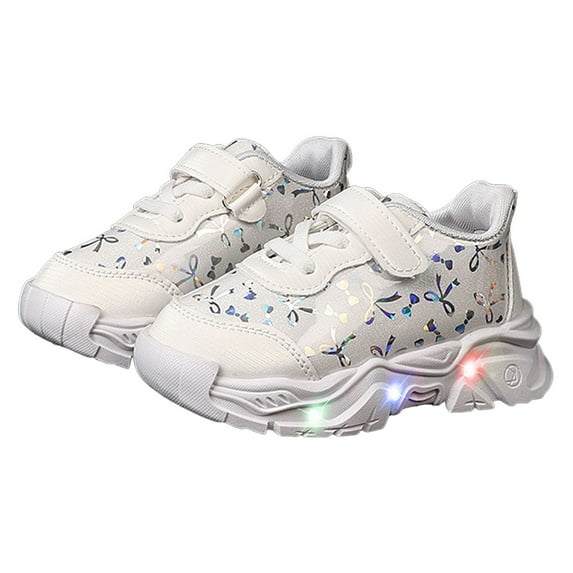 Toddler Girls Tennis Shoes Splice Leather Bowknot Print Light up Sneakers Trendy Thick Sole Lightweight Walking Shoes White 11.5 Little Kid