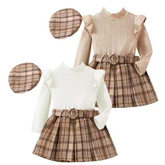 Toddler Girls Three Piece Fall Set Long Sleeved Ruffled Turtleneck Striped Top   Plaid Skirt With Belt   Plaid Hat