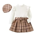thumbnail image 1 of Toddler Girls Three Piece Fall Set Long Sleeved Ruffled Turtleneck Striped Top + Plaid Skirt With Belt + Plaid Hat, 1 of 5