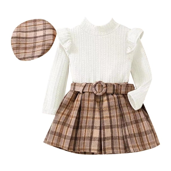 Toddler Girls Three Piece Fall Set Long Sleeved Ruffled Turtleneck Striped Top + Plaid Skirt With Belt + Plaid Hat