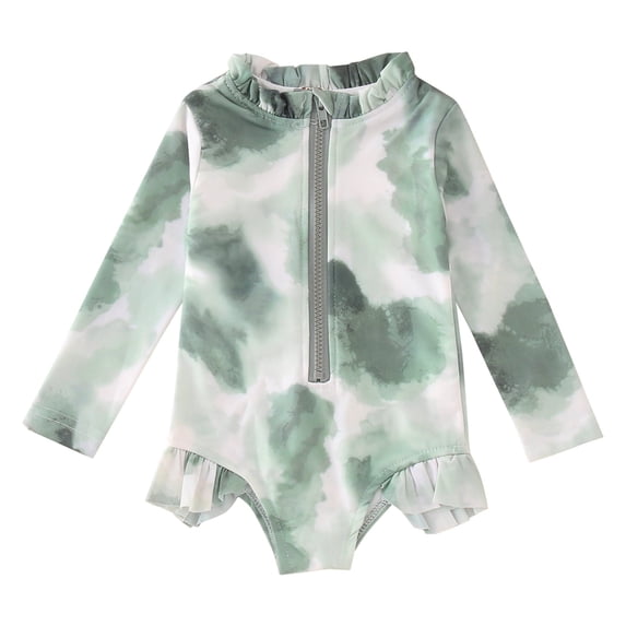 Toddler Girls Tie Dye One Piece Swimsuit Long Sleeve Ruffle Bathing Suit Kids Colorful Printed Rash Guard Swimwear Ruffled Monokini Beachwear 18M-6Y