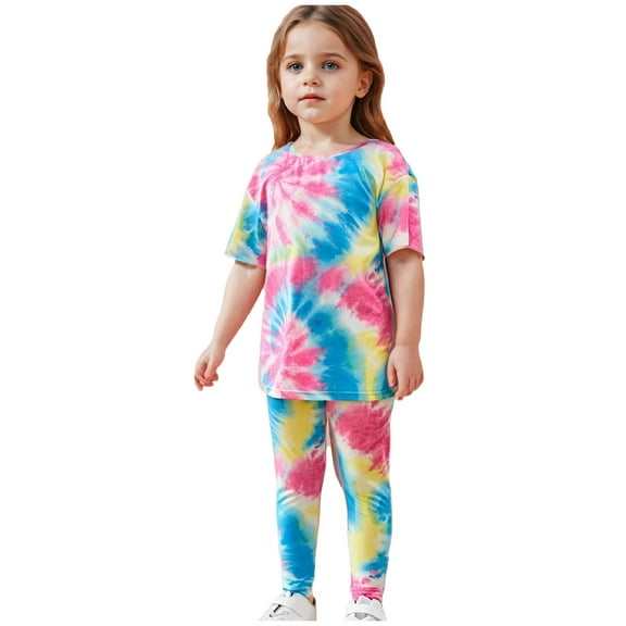 Toddler Girls Tie Dye Outfits Short Sleeve T-Shirt Leggings Cotton Soft Casual Cute Clothing Two Piece Set Multicolor, 1 Y