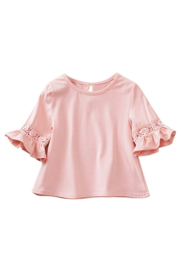 Toddler Girls Tops New 6-14years Girls Long Sleeve Hollow out Shirts Kids Cute Crewneck Ruffle Cuffs Blouse Style B-5 Pinky 15