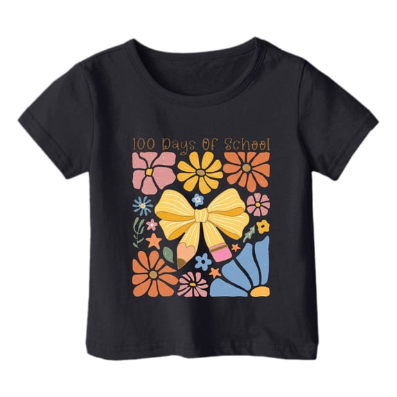 Toddler Girls Tops & T-Shirts 100 Days Of School Print Round Neck Loose Short Sleeve Fashion Casual T Shirts Daily-Wear,Black,3-4 Years