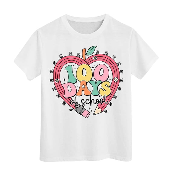 Toddler Girls Tops & T-Shirts 100 Days Of School Print Round Neck Loose Short Sleeve Fashion Casual Tee Shirts Streetwear,White,8-9 Years