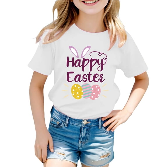 Toddler Girls Tops & T-Shirts Children's Easter Bunny Print Round Neck Loose Short Sleeve Fashion Casual Comfortable Tee Shirts Streetwear,White,10-11 Years