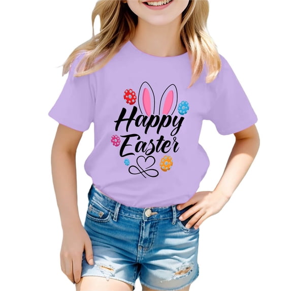 Toddler Girls Tops & T-Shirts Children's Easter Bunny Print Round Neck Short Sleeve Fashion Casual Comfortable Tee Shirts Streetwear,,3-4 Years
