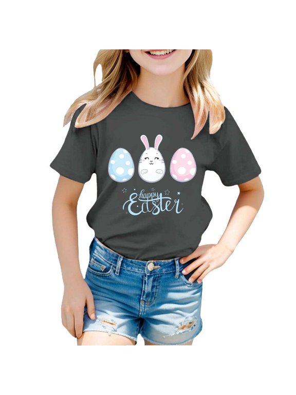 Toddler Girls Tops & T-Shirts Children's Easter Bunny Print Round Neck Short Sleeve Fashion Casual Comfortable Tshirts Holiday Wear,Gray,4-5 Years