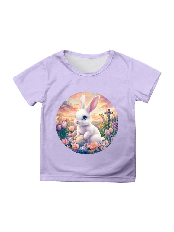 Toddler Girls Tops & T-Shirts Easter Bunny Print Round Neck Short Sleeve Casual T Shirts Daily-Wear,,8-9 Years