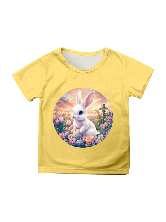 Toddler Girls Tops & T-Shirts Easter Bunny Print Round Neck Short Sleeve Casual Tshirts Outwear,Yellow,6-7 Years