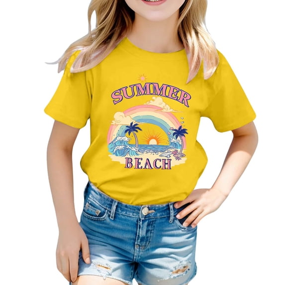 Toddler Girls Tops & T-Shirts Kids Children Beach Print Crew Neck Short Sleeve Comfortable Loose Fashion Casual Tops Pullover Tshirts Holiday Wear,Yellow,8-9 Years