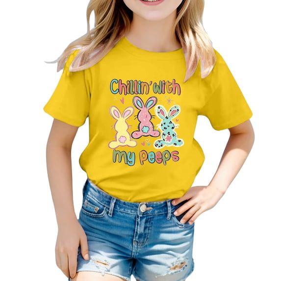 Toddler Girls Tops & T-Shirts Kids Easter Bunny Graphic Loose Fit Casual Short Sleeve Pullover T Shirts Activewear,Yellow,4-5 Years