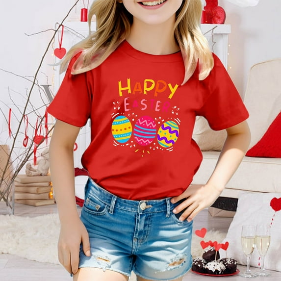 Toddler Girls Tops & T-Shirts Kids Happy Easter Day Bunny Letter Print Summer Crew Neck Short Sleeve Pullover Tshirts Holiday Wear,Red,8-9 Years