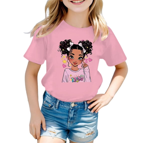 Toddler Girls Tops & T-Shirts Kids Summer Cute Cartoon Graphic Round Neck Short Sleeve Casual T Shirts Daily-Wear,Pink,9-10 Years