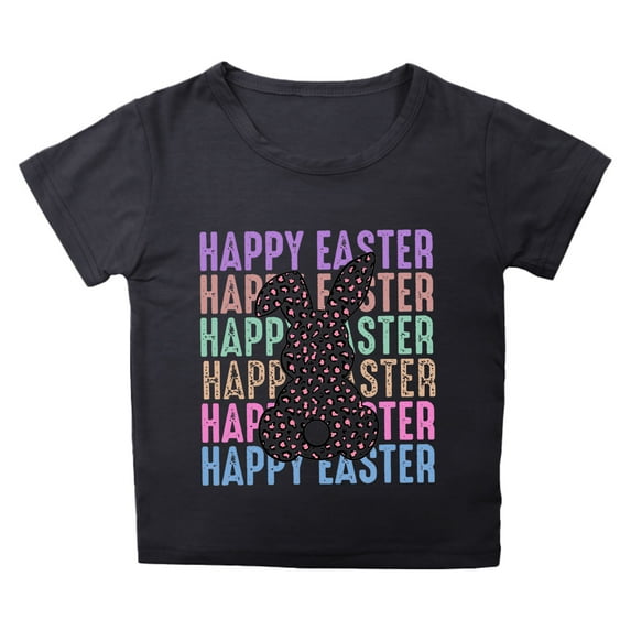 Toddler Girls Tops & T-Shirts Kids Summer Easter Bunny Round Neck Petal Sleeve Casual Solid Color Pullover Tee Shirts Streetwear,Black,4-5 Years