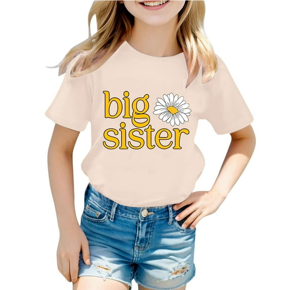 Toddler Girls Tops & T-Shirts Letter Print Round Neck Short Sleeve Fashion Casual Tops Pullover Tee Shirts Sportwear,Beige,4-5 Years