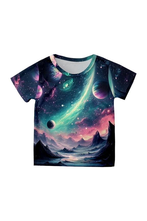 Toddler Girls Tops & T-Shirts Starry Sky Print Round Neck Short Sleeve Casual Tshirts Outwear,Pink,6-7 Years
