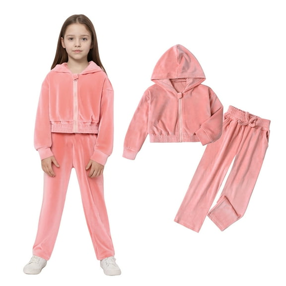 Toddler Girls Track Suit Velour Kids Pink Sweatsuit Zipper Cropped Top Sweatpants Sets Girls Suit Set 12-24 Months