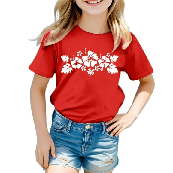 Toddler Girls Tshirts Flower Print Round Neck Short Sleeve Top Kids Girls Everyday Wear Stylish Comfortable Tees，3 -4 Years