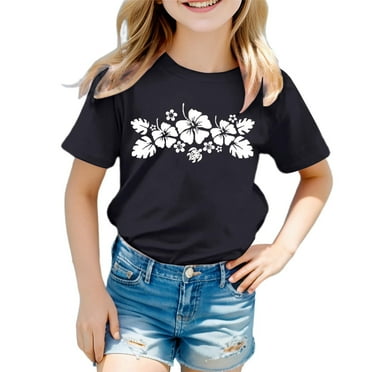 Toddler Girls Tshirts Flower Print Round Neck Short Sleeve Top Kids Girls Everyday Wear Stylish Comfortable Tees，3 -4 Years