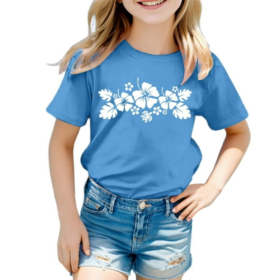 Toddler Girls Tshirts Flower Print Round Neck Short Sleeve Top Kids Girls Everyday Wear Stylish Comfortable Tees，3 -4 Years