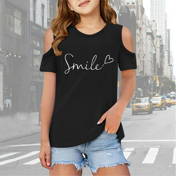 Toddler Girls Tshirts Graphic Letter Print Short Sleeve Shirts Cut-Out Design Casual Tees Shirt Tops Girl Shirts Size 3-4 Years